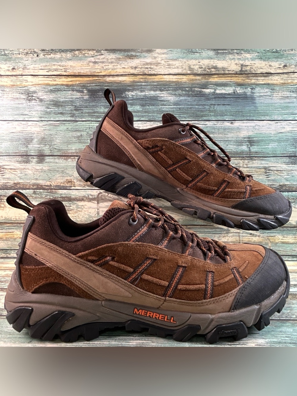 Merrell Hiking Shoes Mens Size 10.5M Brown Suede Vibram Soles Lace Up Sneakers